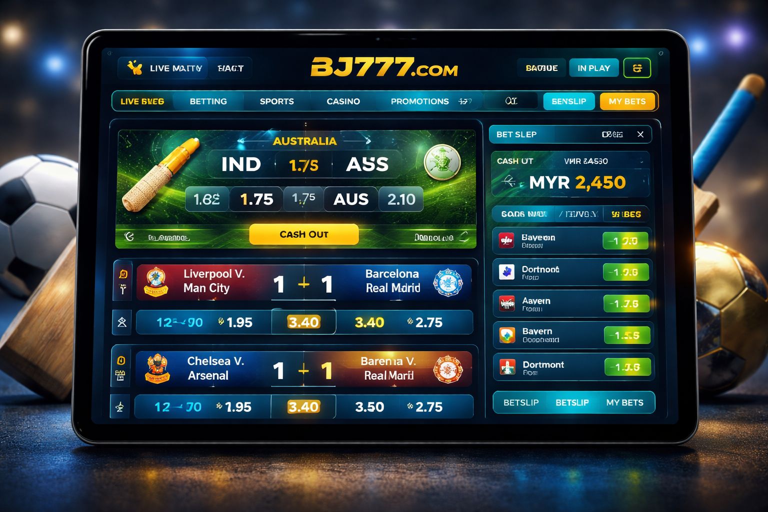 BJ777 COM live betting dashboard showing cricket and football in-play odds